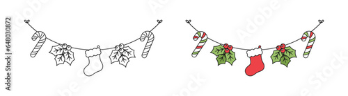 Christmas Garland Outline Doodle Vector Illustration, Christmas Coloring Book Page Line Art Graphics for Kids, Festive Winter Holiday Season Bunting