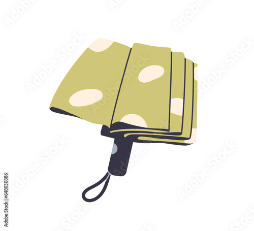 Folded closed compact umbrella with handle, loop. Rainy weather accessory with foldable collapsible canopy. Rain protection with polka dot print. Flat vector illustration isolated on white background