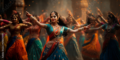 a group of women reenacting the divine dance of Krishna and the gopis, Ras Lila Dance. AI generative. photo
