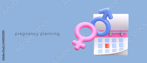 Pregnancy planning calendar. Tracking days of ovulation. Best time for fertilization. Days of enhanced fertility. Commercial banner in cartoon style, place for text