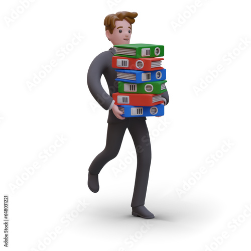 Man in suit carries stack of binder folders. Overload. Fast execution of work. Processing of archival data. Realistic color character is in hurry to deliver documents