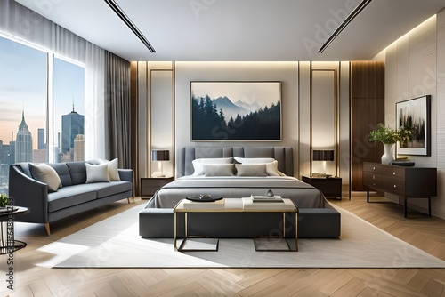 Luxurious Bright Bedroom With Comfortable King Size Bed and Modern Furniture. Template For Expensive Residential Mansion.