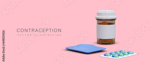 Oral contraceptives, hormonal pills, condoms. Assortment of pharmacy. Birth control, pregnancy planning. Protection against venereal diseases. Advertising poster with realistic illustration and text