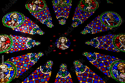 Rose wheel window of the West façade of the Lisbon Saint Mary Cathedral. Taken in Portugal in Septembre 2023.