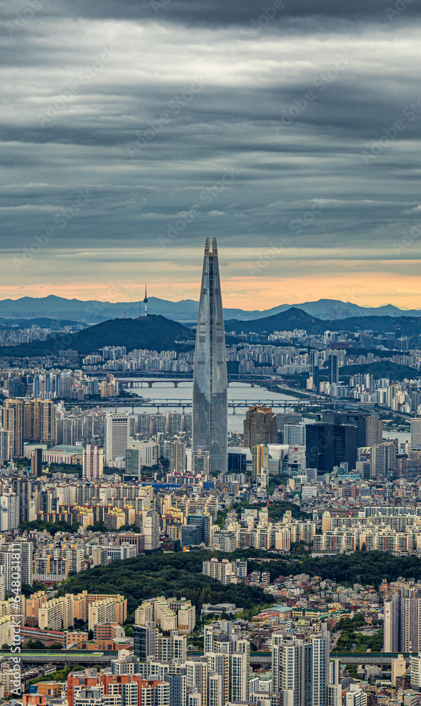 city skyline at sunset, Seoul,South Korea.
