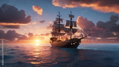 Ship and sunset sky - 3d landscape scene . © ponpary