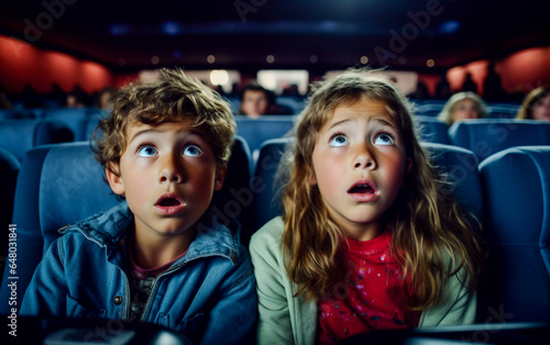 Two Children with astonished and surprised look watch a movie in the cinema