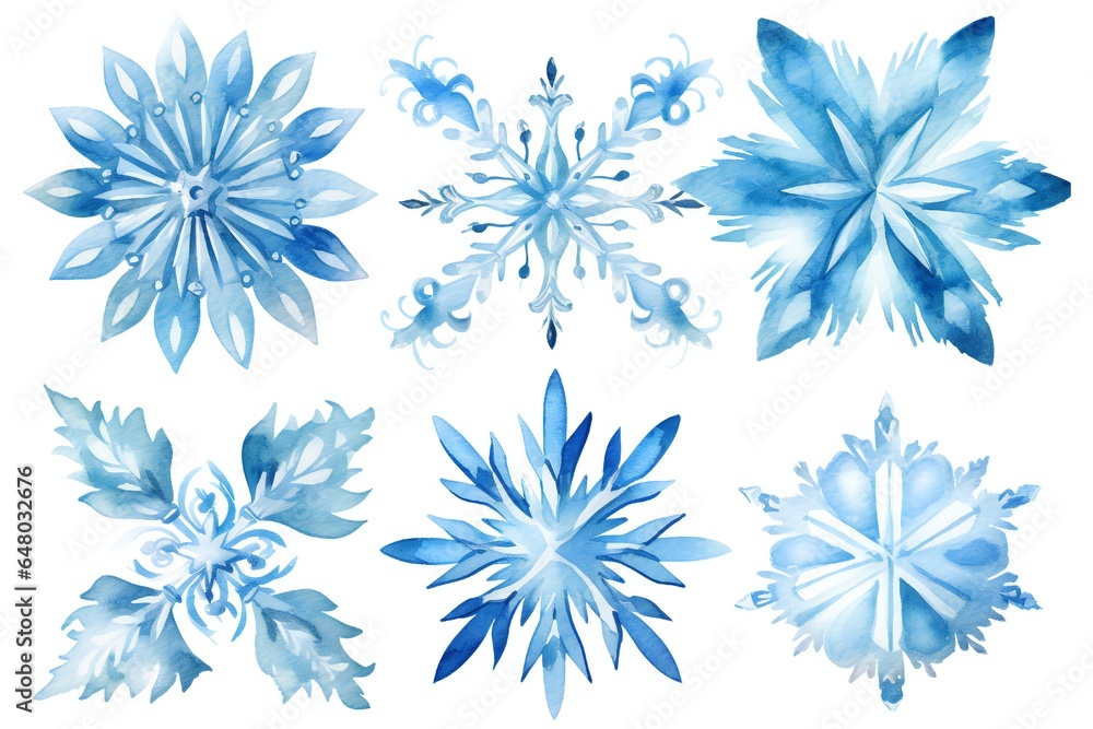 Watercolor icy Christmas snowflakes clip art Generative AI Watercolor icy Christmas snowflakes clip art Generative AI