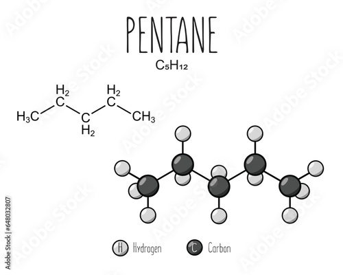 Pentane skeletal structure and flat model representation, isolated on a blank background. Vector editable