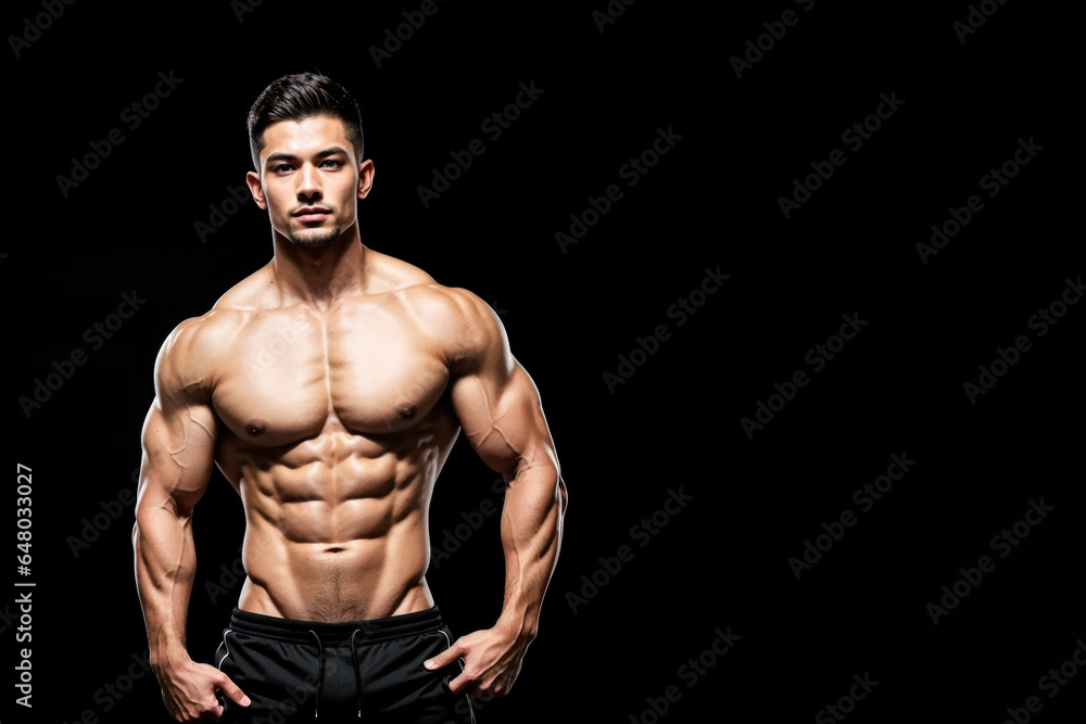 Fototapeta premium European male fitness model, trainer isolated on black background with a place for text
