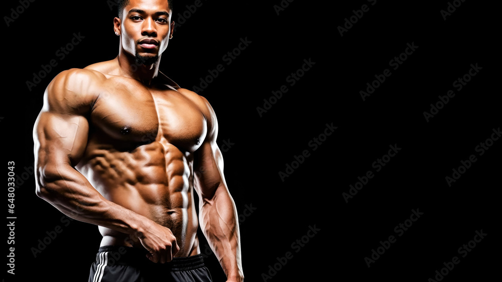 African american male fitness model, trainer isolated on black background with a place for text