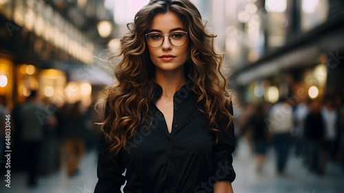 arafed woman with glasses and a black shirt standing in a city Generative AI photo