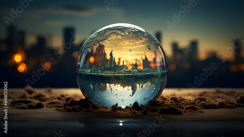 glass ball with a city in it on the ground Generative AI