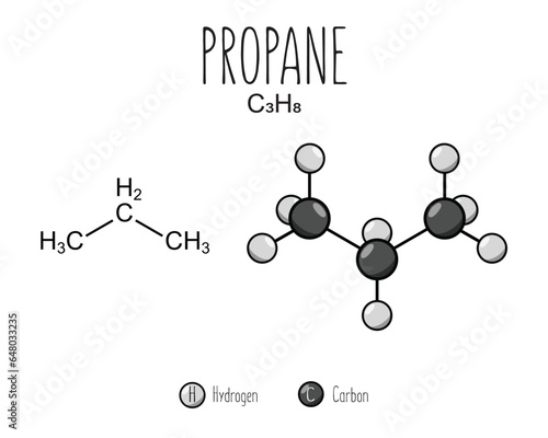 Propane skeletal structure and flat model representation, isolated on a blank background. Vector editable