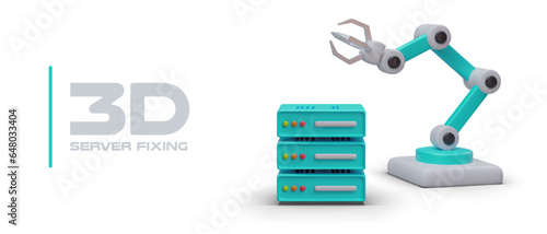Server fixing. Repair and maintenance. Assistance of professionals in emergency termination of work. Quick repair of breakdowns. Realistic color illustration, place for service company logo