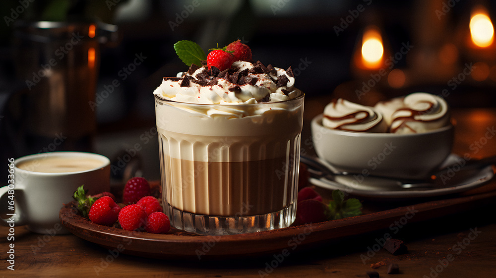 glass of coffee with whipped cream and raspberries on a tray Generative AI glass of coffee with whipped cream and raspberries on a tray Generative AI