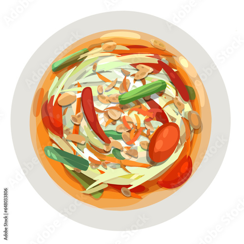 Som Tam. Thai Papaya Salad Illustration. Top View Thai Food Illustration Vector