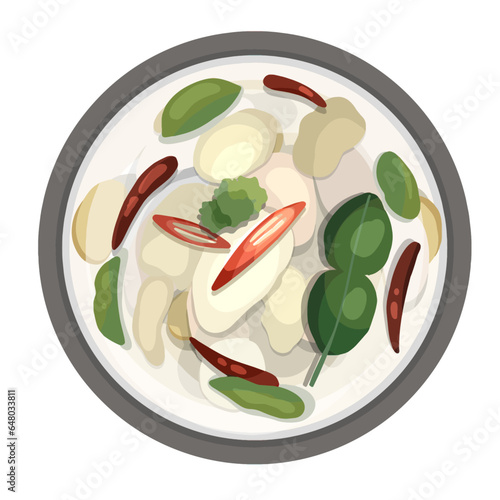 Tom Kha Gai Thai Coconut Chicken Soup Illustration. Top View Thai Food Illustration Vector.