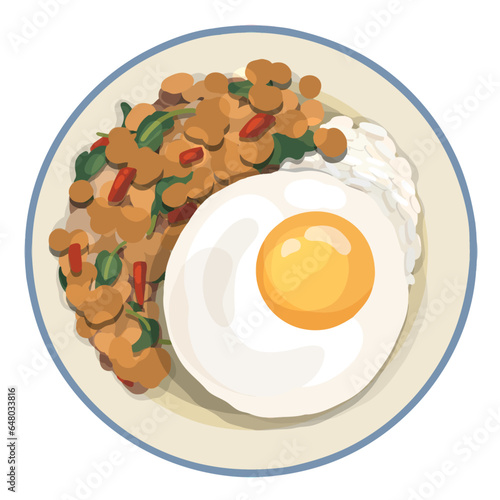 Pad Krapao. Holy Basil Chicken Stir Fry Illustration. Top View Thai Food Illustration Vector.