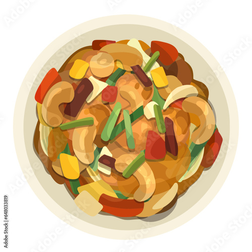 Stir-fried Chicken with Cashew Nuts Illustration. Thai Cashew Nuts Chicken. Top View Thai Food Illustration Vector.