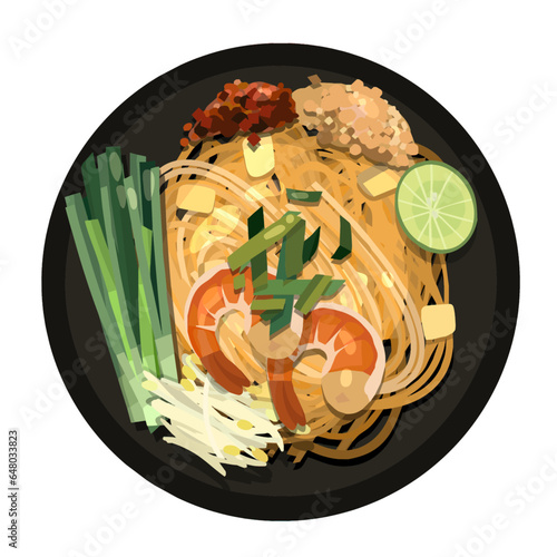 Pad Thai Illustration. Top View Thai Food Illustration Vector.