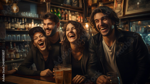 smiling friends sitting at a bar with beer glasses Generative AI