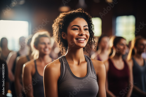 Diverse group participating in aerobics class background with empty space for text 