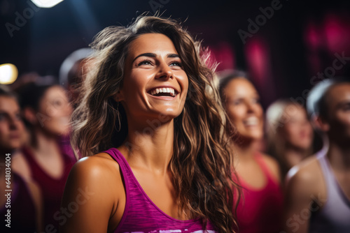 Enthusiastic group performing energetic aerobic exercises in lively fitness club atmosphere 