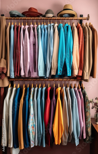 Men's shirts on hangers in the wardrobe.