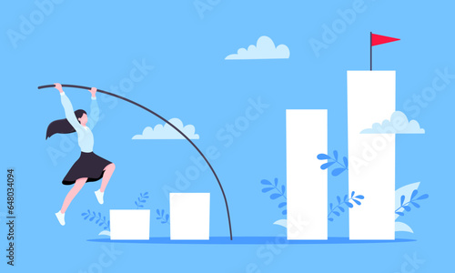 Busineswoman jumps pole vault over graph bars flat style design vector illustration business concept. Business growth and goal achievement concept.