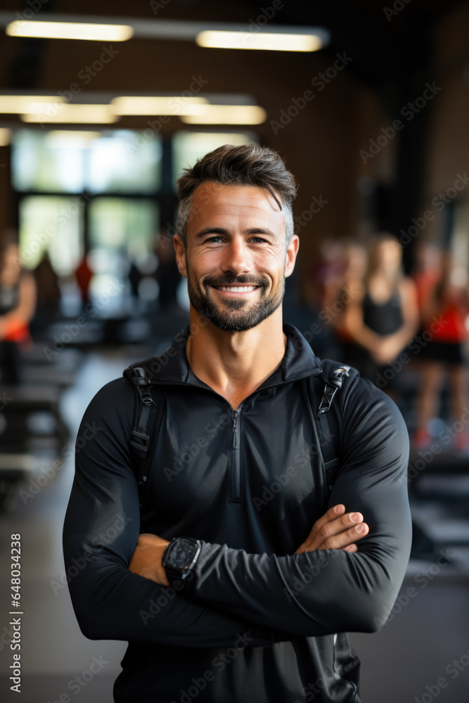 Obraz premium Personal trainer instructing at fitness club background with empty space for text