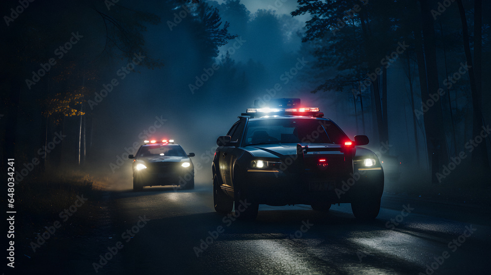 two police cars driving down the road in the fog Generative AI