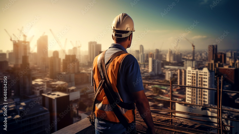 worker looks from the roof at the city at sunset. Generative Ai worker looks from the roof at the city at sunset. Generative Ai