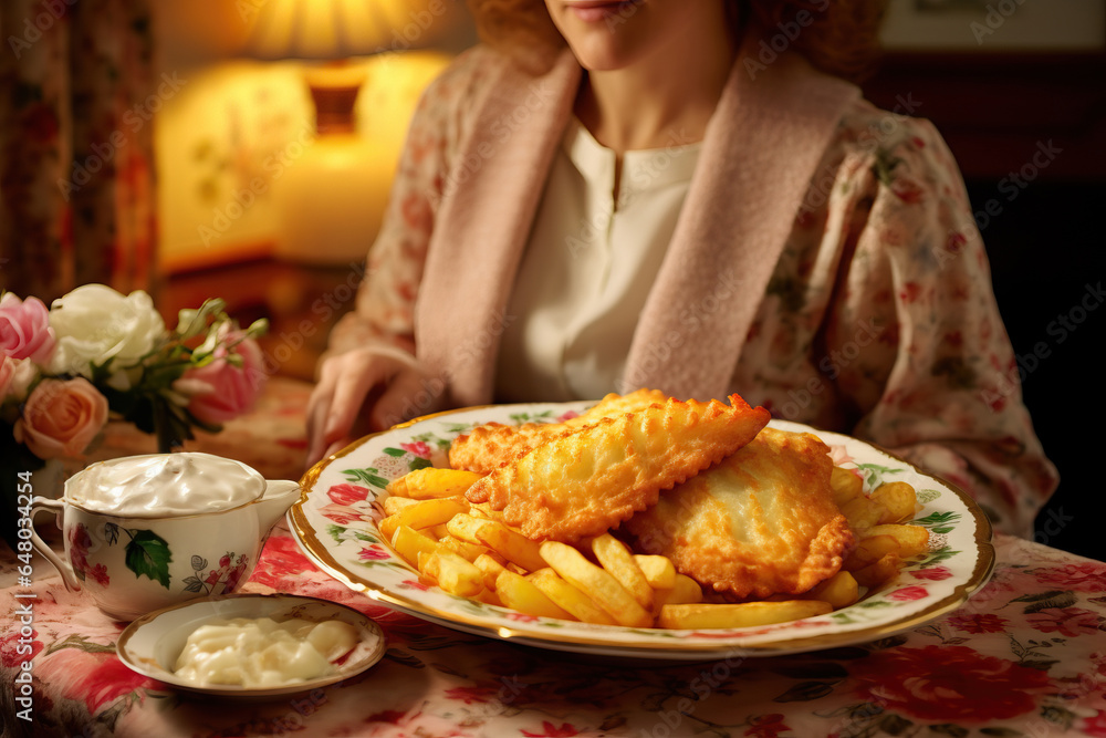 Haddock and chips in a home style. Cozy atmosphere, fish and chips in rustic style
