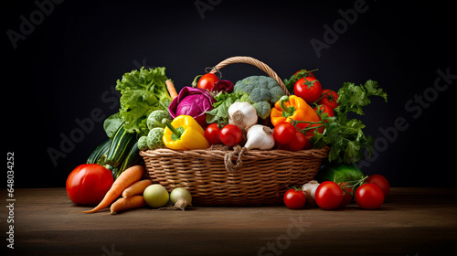beautiful still life with fresh vegetables, tomatoes, lettuce, peppers, carrots. Generative Ai