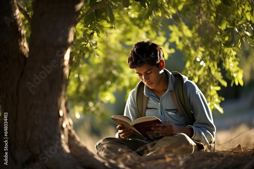 A student guy reads a book sitting under a tree at noon