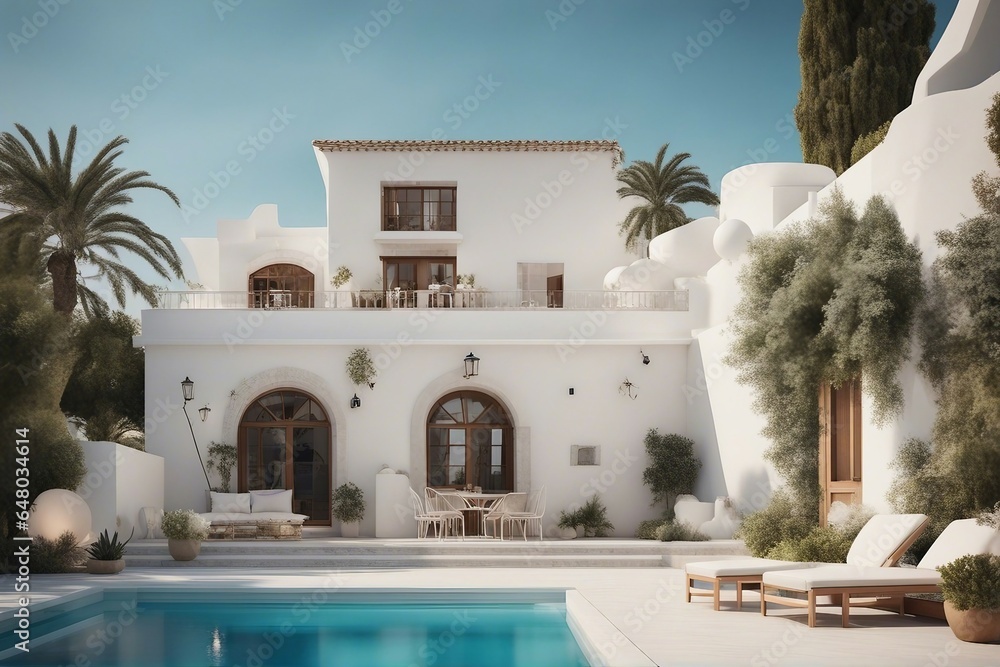 Traditional Mediterranean house with white stucco wall with swimming pool. Summer vacation background