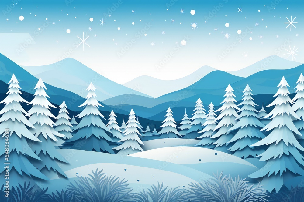 Winter paper cut landscape with snowy mountains and blue sky, fir trees in the background Generative AI