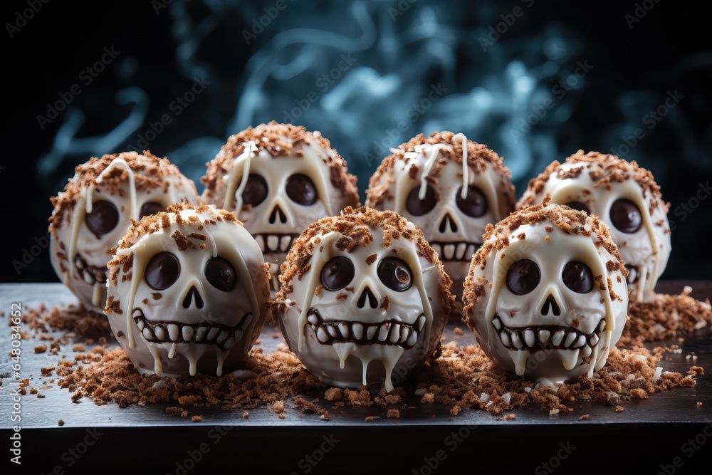 Skulls in coconut: coconut truffles shaped like skulls, Creepy dessert for halloween