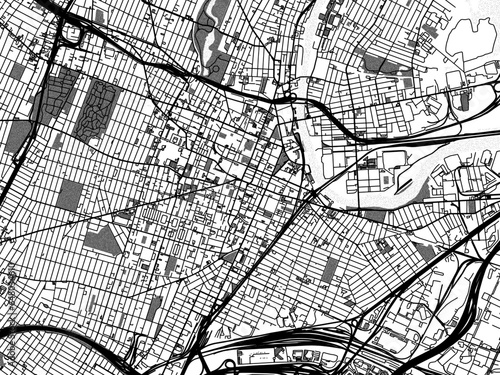 Greyscale vector city map of Newark New Jersey in the United States of America with with water, fields and parks, and roads on a white background.