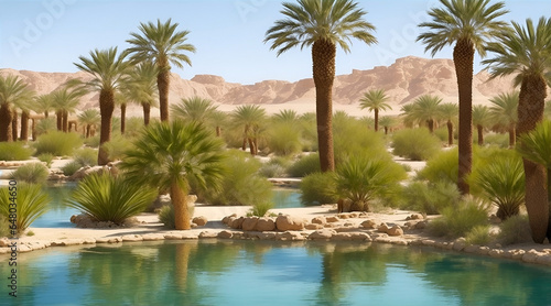 Oasis in the middle of the desert with palm trees and blue sky