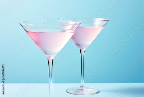 Martini glasses with a pink drink inside on a blue background