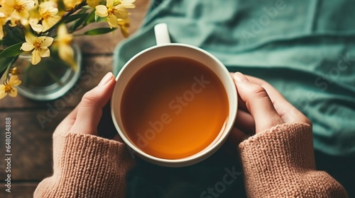 Close up woman hands holding cup of tea on wooden table.