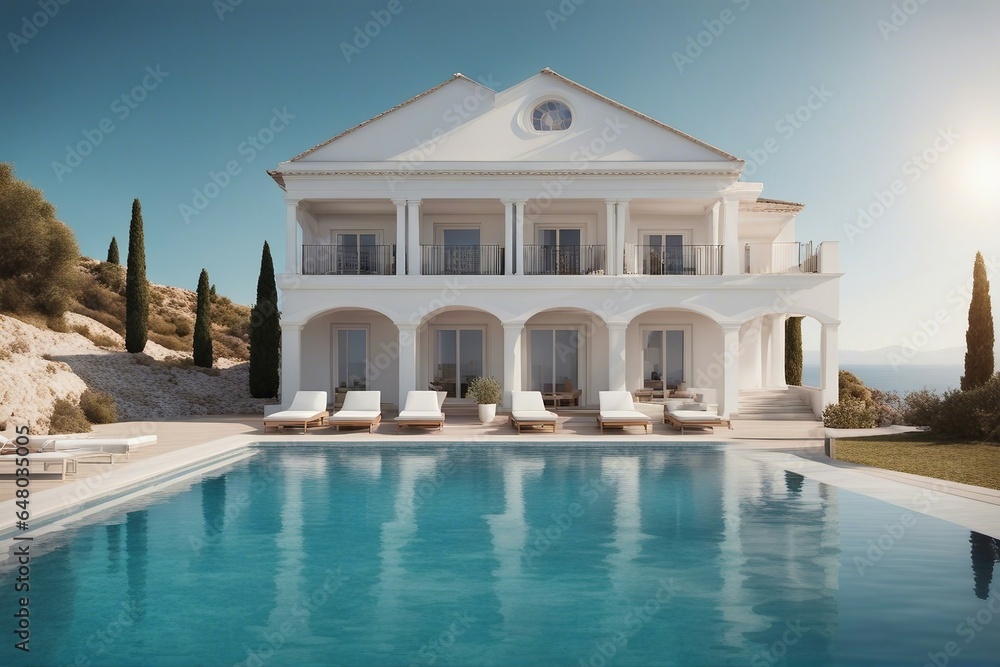 Traditional Mediterranean white house with pool on hill with stunning sea view. Summer vacation