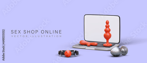Online sex shop. Safe toys for adult games. Devices for stimulation of erogenous zones. Goods for men and women. Color commercial banner on purple background. Realistic composition