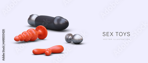 Poster with realistic sex toys. Stimulation of anus, prostate, vagina, clitoris. Safe devices for adult games. Online advertising of sex shop. Header for site