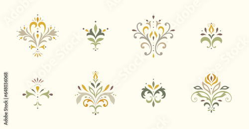 Damask graphic elements. Oriental floral ornament. Baroque and royal victorian trendy designs. For seamless patterns, wrapping, wallpaper, greeting and business cards, wedding invitations etc.