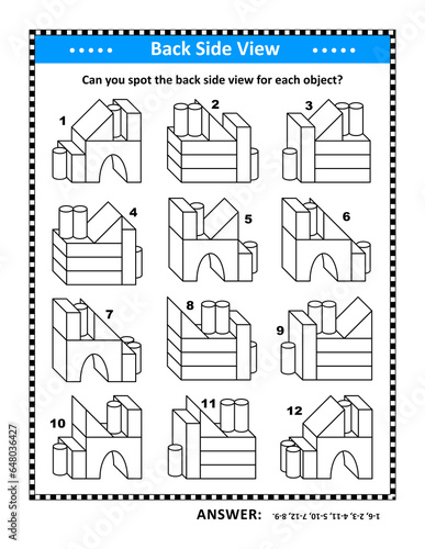 Educational math puzzle with building blocks objects. Black and white printable. Can you spot the back side view for each object? Answer included.
