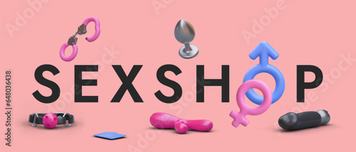 Sex shop, inscription in capital letters. Header decorated with 3D elements. Products for adults. Color vector concept. Accessories for role playing games. Horizontal header for site. Flyer template