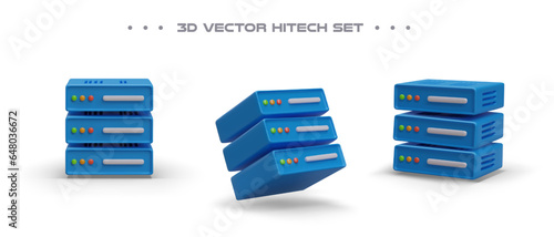 Realistic blue server in different positions with shadows. Data center. Storage and processing of information. Set of vector icons. Isolated images on white background